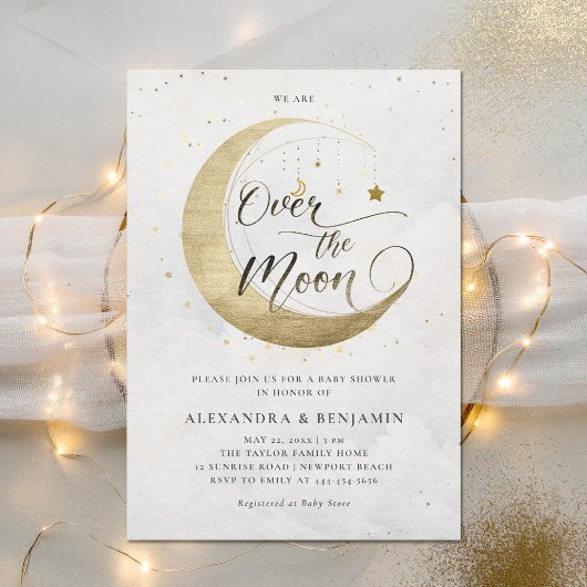 Over the Moon Gold White Dreamy Sky Baby shower Kaart
