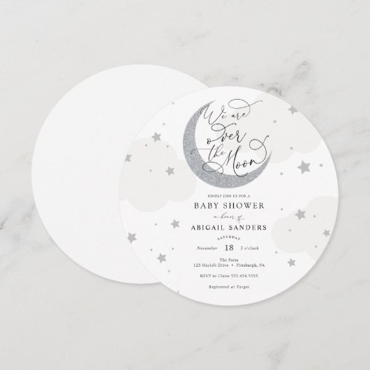 Over the Moon Gray Baby shower Invitation Kaart (Voorkant / Achterkant)