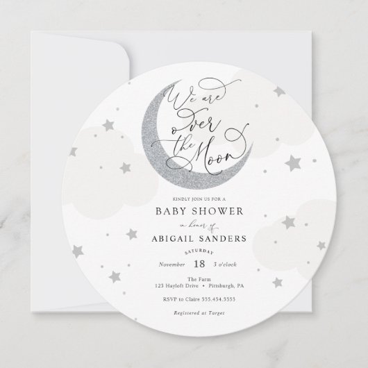 Over the Moon Gray Baby shower Invitation Kaart (Voorkant)