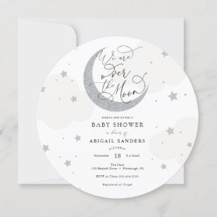 Over the Moon Gray Baby shower Invitation Kaart