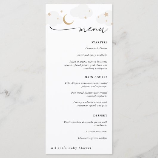 Over the Moon Grijs en Goud Baby shower Menu (Voorkant)