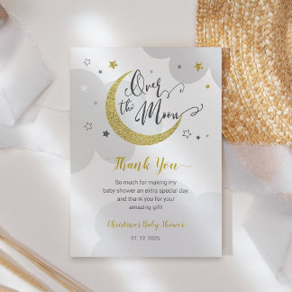 Over the Moon Grijze Gouden Sterren Baby shower Bedankkaart