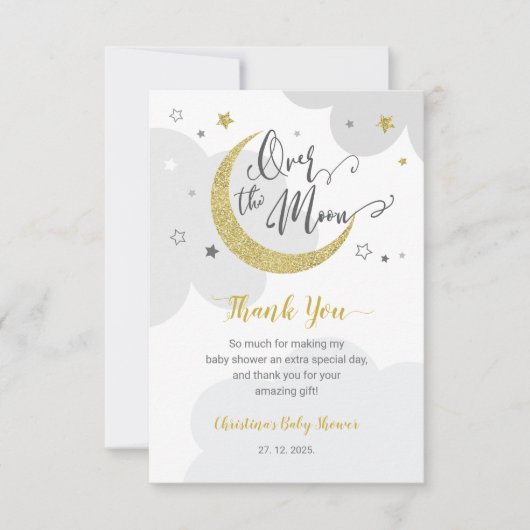 Over the Moon Grijze Gouden Sterren Baby shower Bedankkaart (Voorkant)