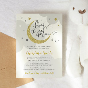 Over the Moon Grijze Gouden Sterren Baby shower Kaart