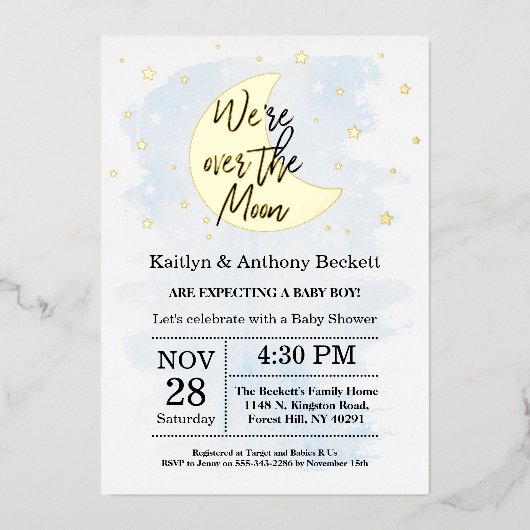 Over The Moon | Jongens Baby Shower Echt Folie Uitnodiging (Voorkant)