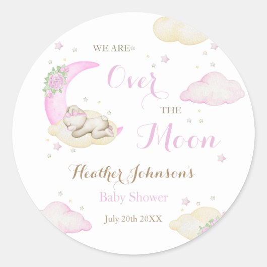 Over The Moon Meisje Beer Baby shower Ronde Sticker (Voorkant)
