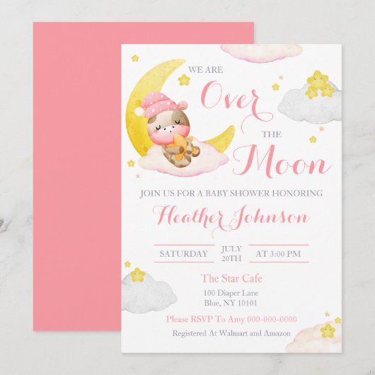 Over The Moon Meisje Koe Baby shower Kaart (Voorkant / Achterkant)