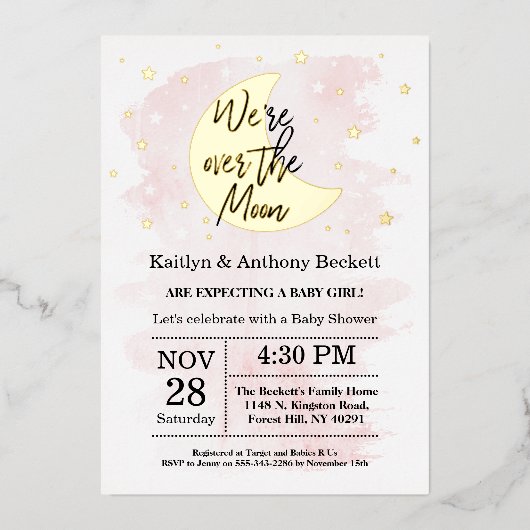 Over The Moon | Meisjes Baby Shower Echt Folie Uitnodiging (Voorkant)