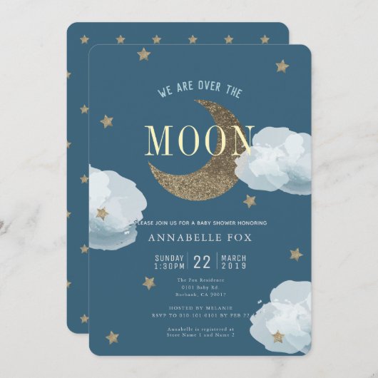 Over the Moon Midnight Blue Baby shower Invitation Kaart (Voorkant / Achterkant)