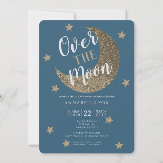 Over the Moon Midnight Blue Baby shower Invitation Kaart (Voorkant)