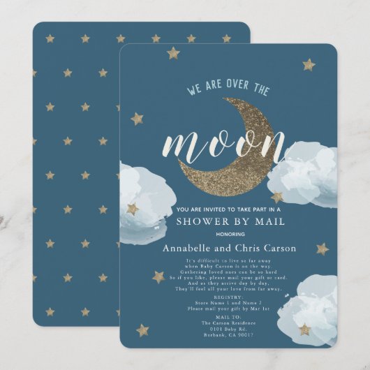 Over the Moon Midnight Blue Baby shower per post Kaart (Voorkant / Achterkant)