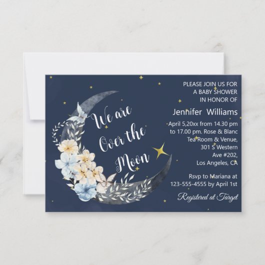 Over the Moon Navy Bloemen baby shower Modern Kaart (Voorkant)
