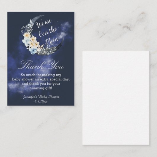 Over the Moon Navy Bloemen Dank u baby shower Notitiekaartje (Voorkant / Achterkant)