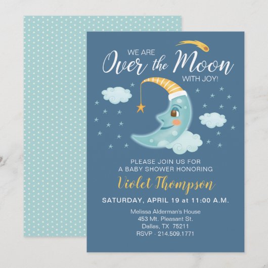 Over the Moon Navy Blue Boy Baby shower Kaart (Voorkant / Achterkant)