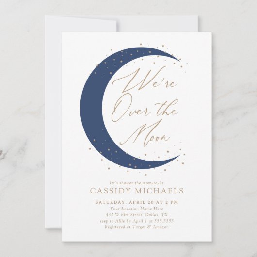 Over the Moon Navy Blue Boy Baby shower Kaart (Voorkant)