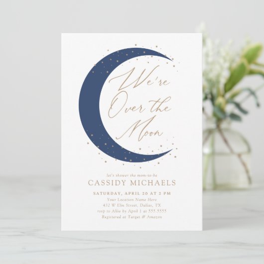 Over the Moon Navy Blue Boy Baby shower Kaart (Staand voorkant)