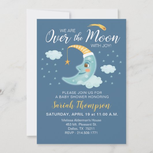 Over the Moon Navy Blue Boy Baby shower Kaart (Voorkant)