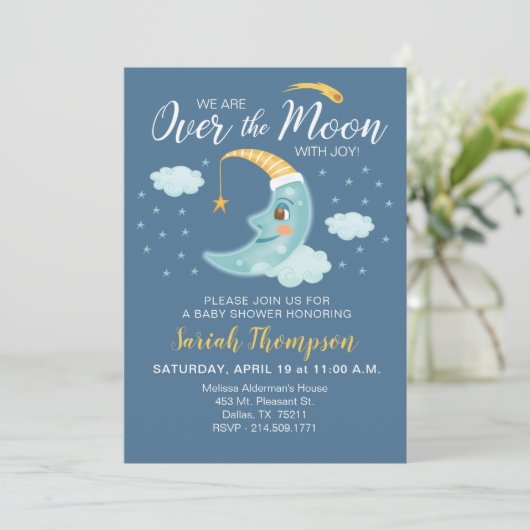 Over the Moon Navy Blue Boy Baby shower Kaart (Staand voorkant)