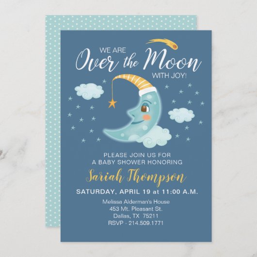 Over the Moon Navy Blue Boy Baby shower Kaart (Voorkant / Achterkant)