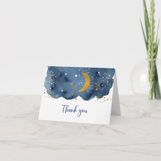 Over the Moon Navy Gold Baby shower Bedankkaart (Voorkant)