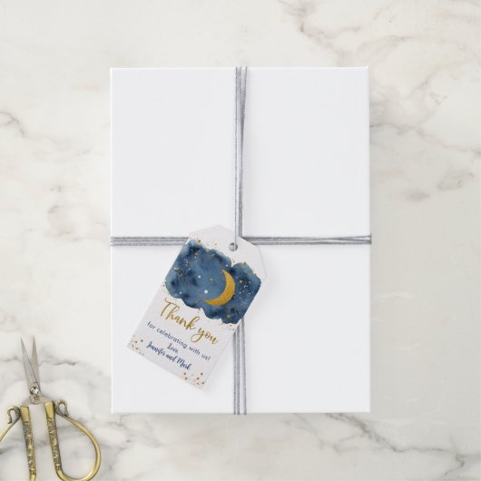 Over the Moon Navy Gold Galaxy Baby shower Cadeaulabel (Met Touw)
