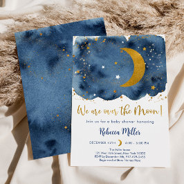 Over the Moon Navy Gold Galaxy Baby shower Kaart