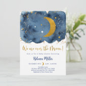 Over the Moon Navy Gold Galaxy Baby shower Kaart (Staand voorkant)