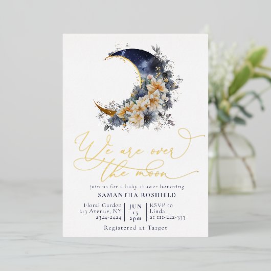 Over the moon navy gouden baby shower folie uitnodiging (Staand Voorkant)