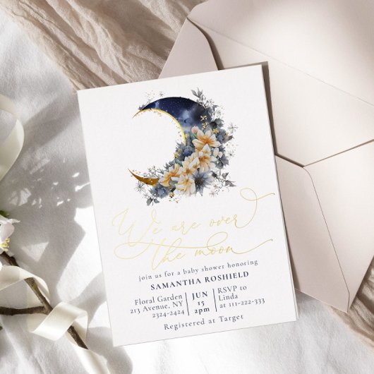 Over the moon navy gouden baby shower folie uitnodiging