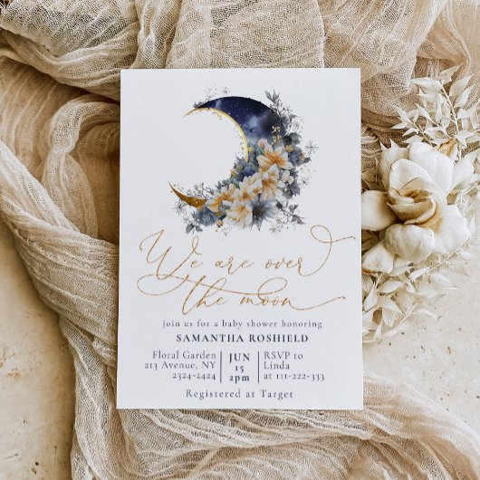 Over the moon navy gouden baby shower kaart