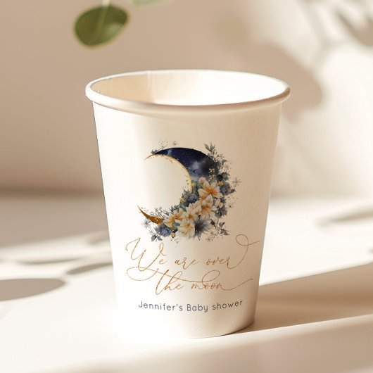 Over the moon navy gouden folie baby shower papieren bekers