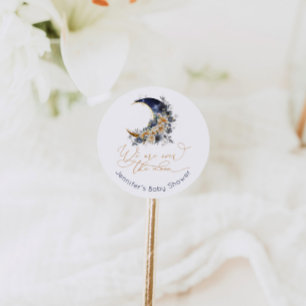 Over the moon navy gouden folie baby shower ronde sticker