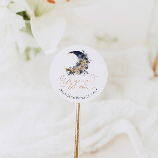 Over the moon navy gouden folie baby shower ronde sticker