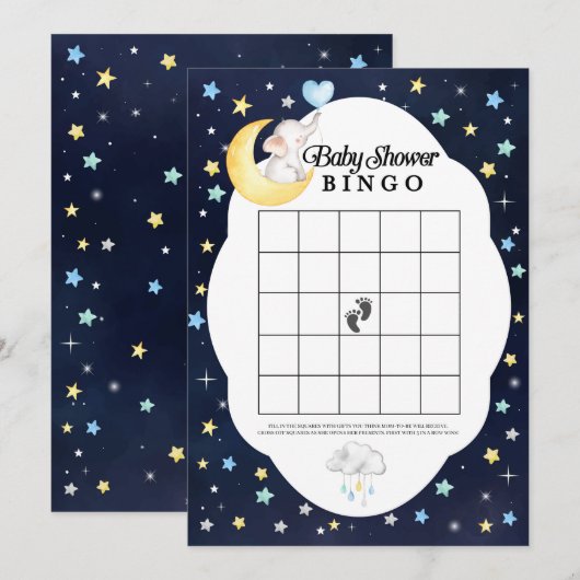 Over The Moon Olifant Baby Shower Bingo Spel Kaart (Voorkant / Achterkant)