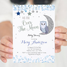 Over the Moon Owl Baby shower Invitation Blue Kaart
