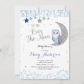 Over the Moon Owl Baby shower Invitation Blue Kaart (Voorkant)
