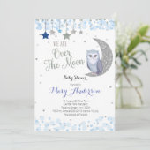 Over the Moon Owl Baby shower Invitation Blue Kaart (Staand voorkant)