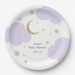 Over the Moon Paarse Baby Shower Papieren Bordje