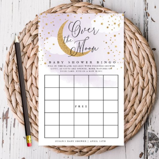 Over the Moon Paarse & Gold Baby Paper Bingo Kaart