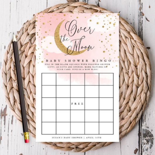 Over the Moon Pink & Gold Baby Paper Bingo Kaart