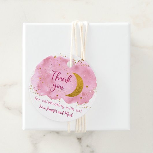Over the Moon Pink Gold Galaxy Baby shower Bedankjes Labels (In situ)