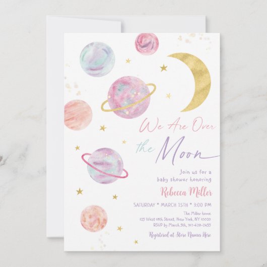 Over the Moon Pink Pastel Space Baby shower Kaart (Voorkant)