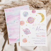 Over the Moon Pink Pastel Space Baby shower Kaart