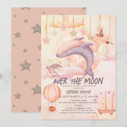 Over the Moon Pink Whale Boho Girl Baby shower Kaart (Voorkant / Achterkant)