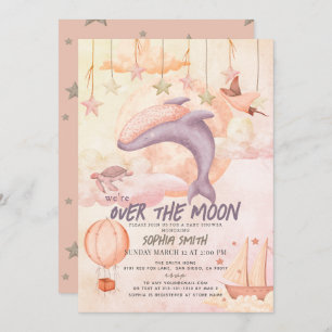 Over the Moon Pink Whale Boho Girl Baby shower Kaart