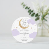 Over the Moon Purple Baby Shower Invitation Kaart (Staand voorkant)