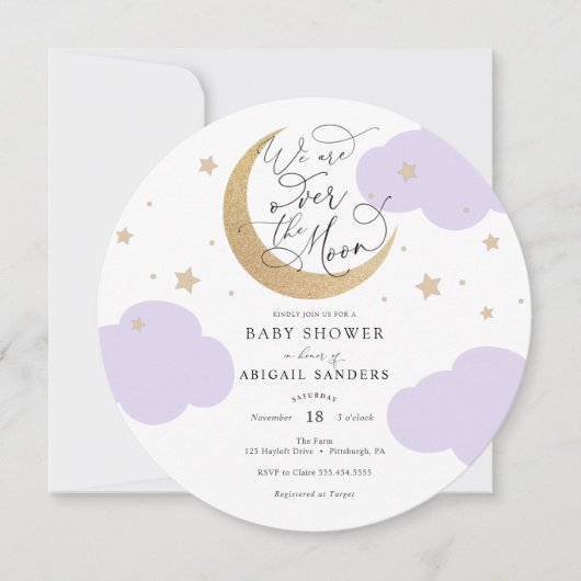 Over the Moon Purple Baby Shower Invitation Kaart (Voorkant)