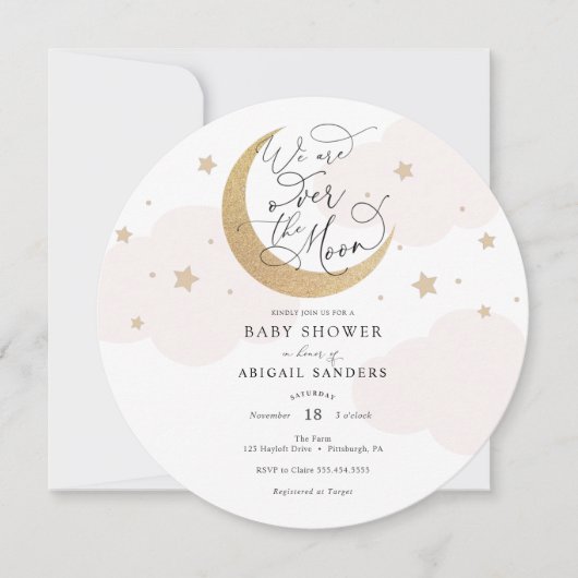 Over the Moon Roze Baby shower Invitation Kaart (Voorkant)