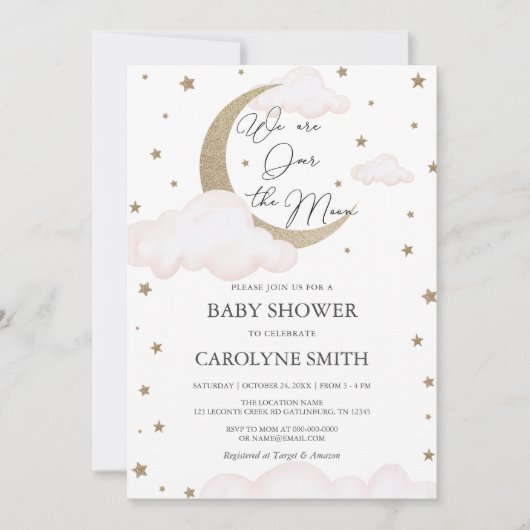 Over the Moon Roze Baby shower Invitation Kaart (Voorkant)