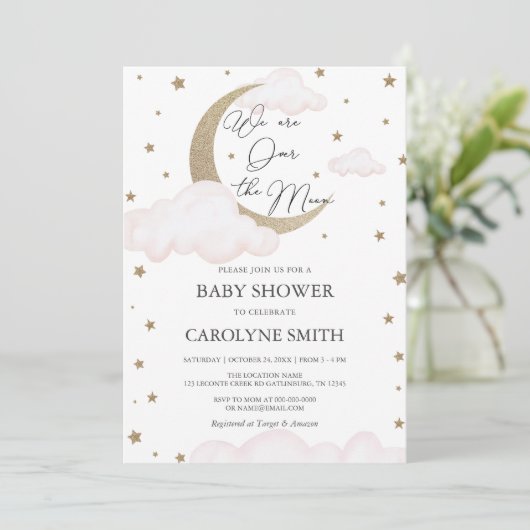 Over the Moon Roze Baby shower Invitation Kaart (Staand voorkant)